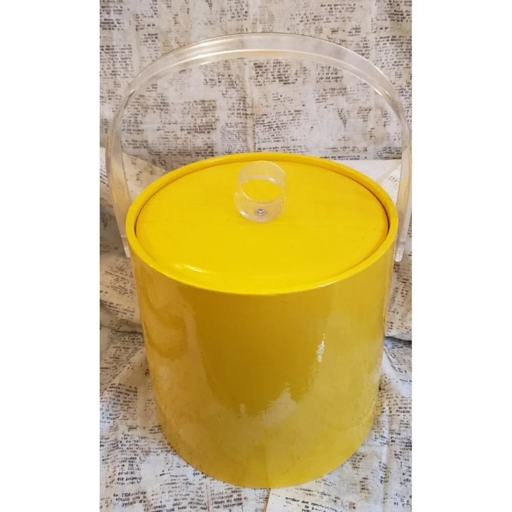 Vintage - MCM Style Bright Yellow Ice Bucket with Ice Tongs - Lucite and Vinyl